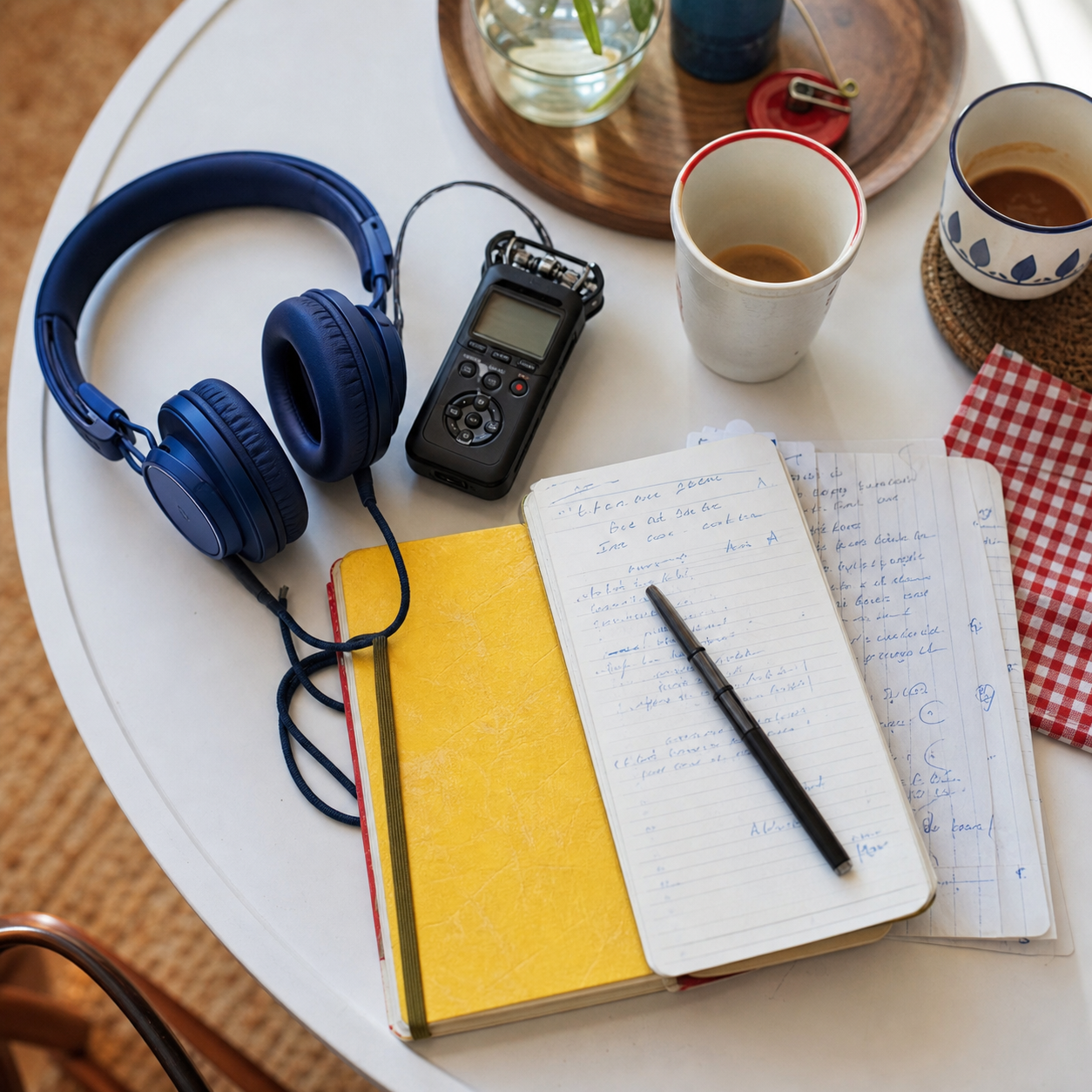 Audiorecorder, koptelefoon, twee bekers en handgeschreven notities op een keukentafel