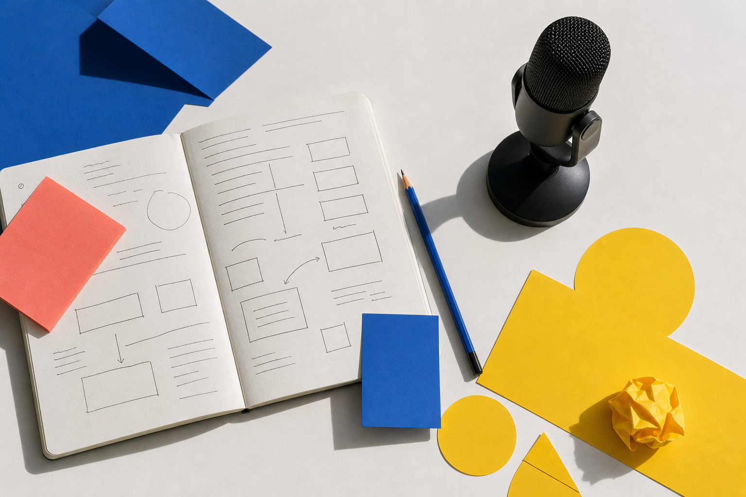 Notitieboek, blauwe pen, gele papiervormen en microfoon op een lichte werktafel