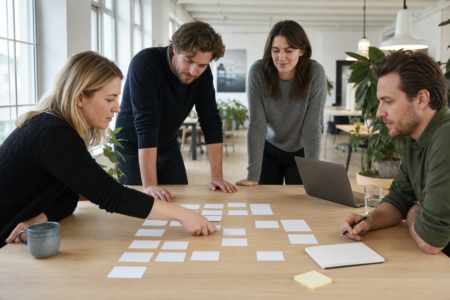 Team ordent lege kaartjes rond een laptop op een lichte werktafel