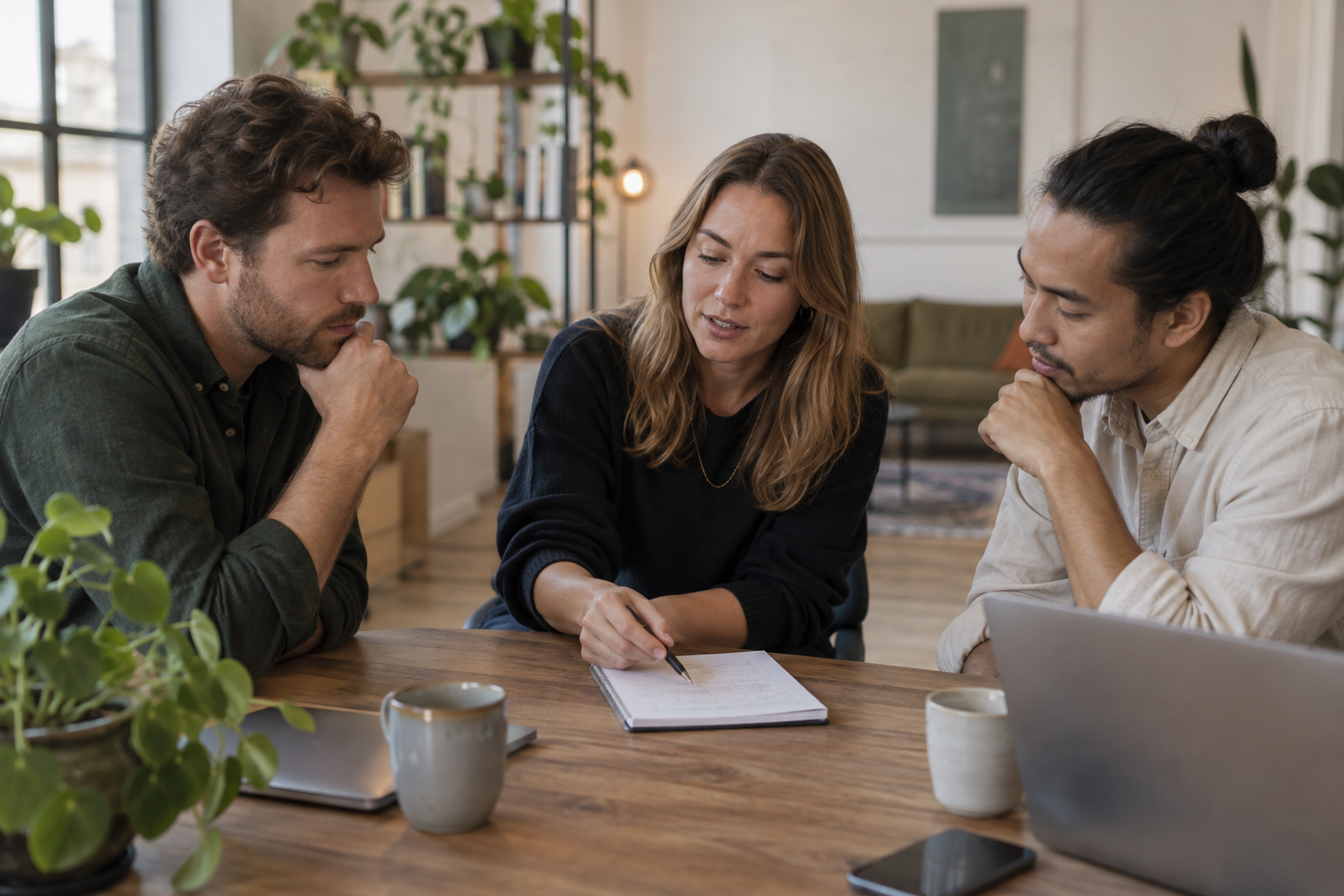 Drie professionals bespreken vervolgstappen aan tafel